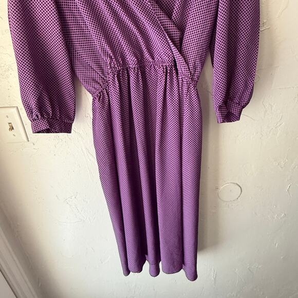 Vintage Jonathan Martin Purple‎ Geometric Midi Dress Long Sleeve 80s M - Picture 2 of 9